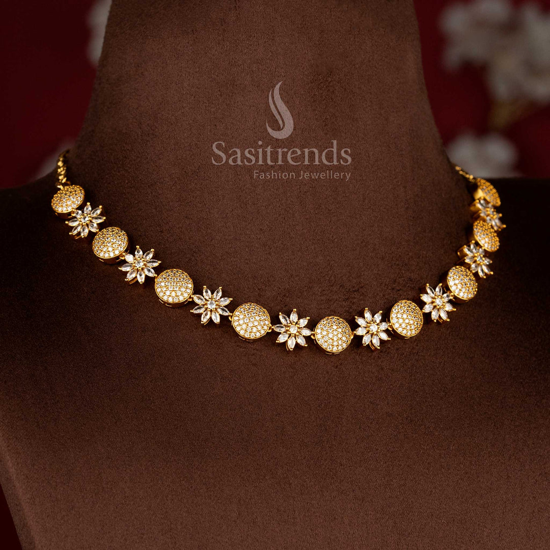 Royal Petals American diamond matte gold plated white floral and round necklace for sarees and festive occasions – Sasitrends