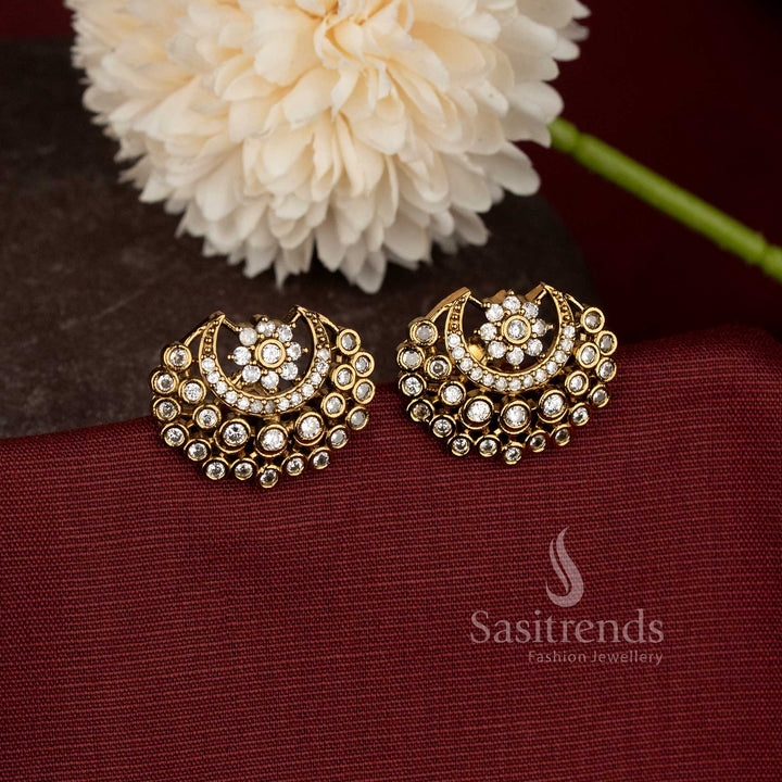 Stunning American Diamond Matte Gold Plated Moon Pattern Earrings – Traditional & Festive Jewellery