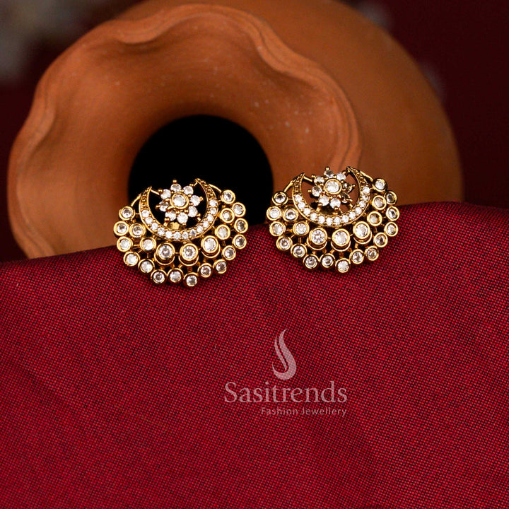 Stunning American Diamond Matte Gold Plated Moon Pattern Earrings – Traditional & Festive Jewellery
