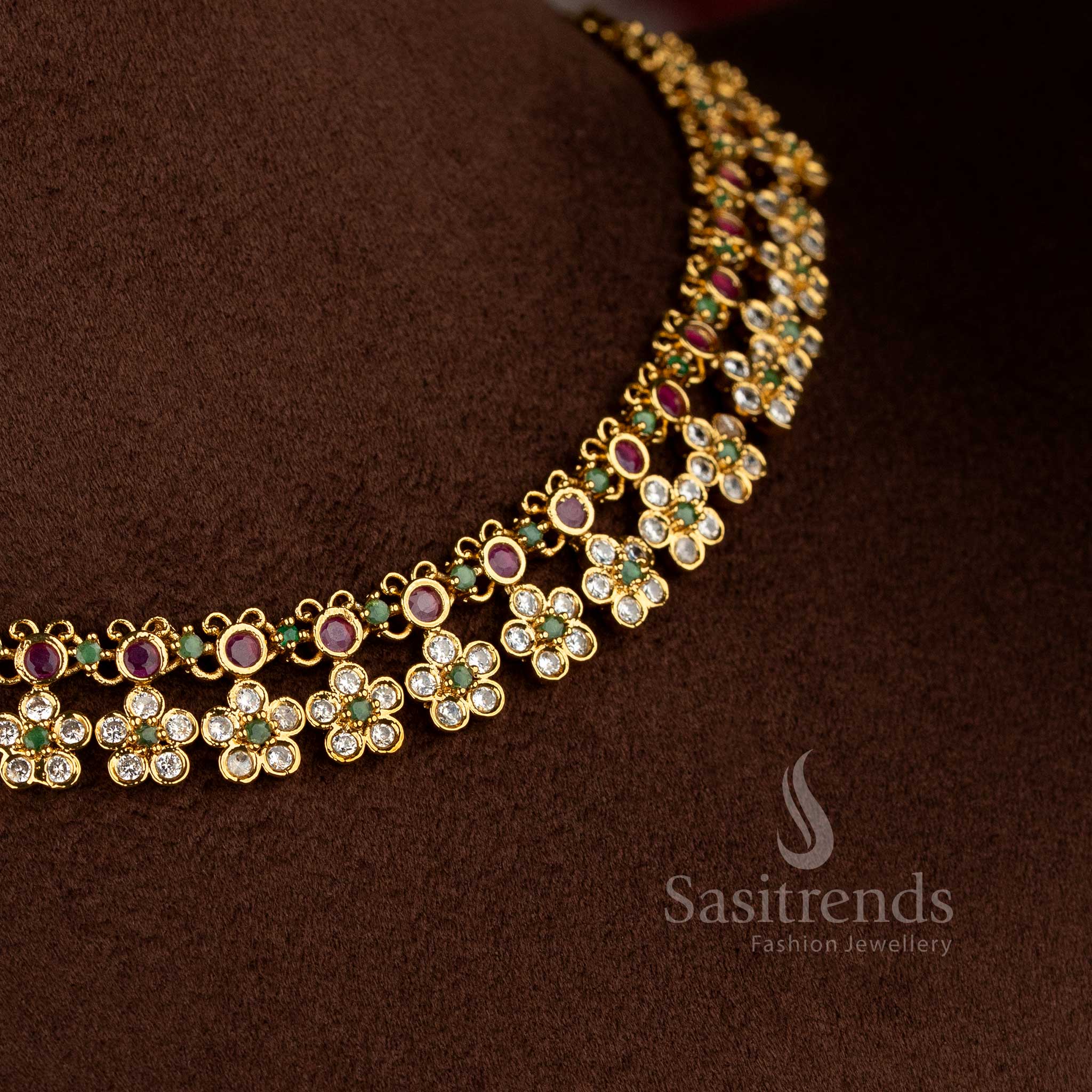Elegant matte gold plated multi American Diamond Mickey-motif floral necklace for modern party and event outfits – Sasitrends
