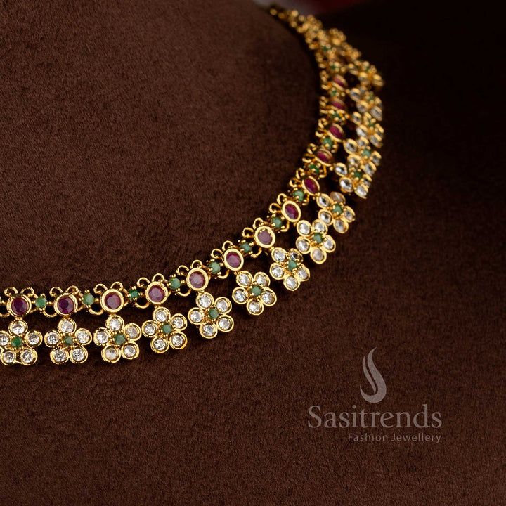 Elegant matte gold plated multi American Diamond Mickey-motif floral necklace for modern party and event outfits – Sasitrends