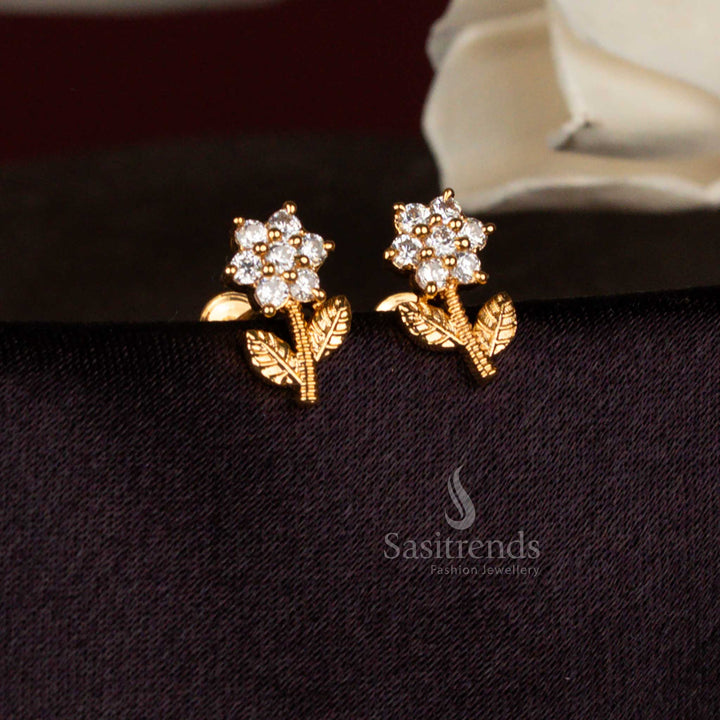 Elegant American Diamond Micro Gold Plated Floral Sprig Studs Earrings for Festive Celebrations, Receptions & Chic Styling