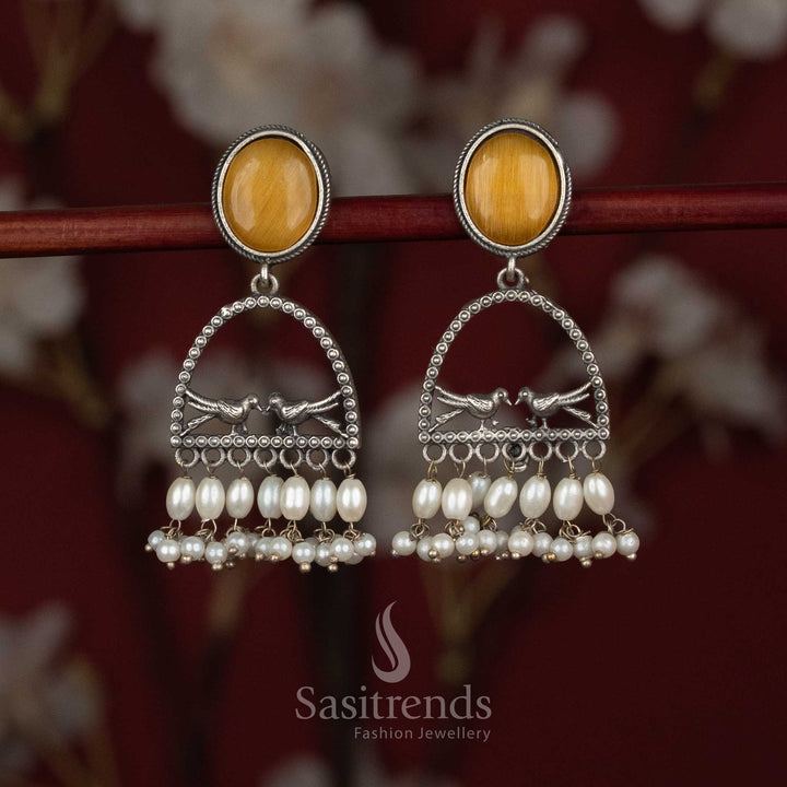 Beautiful Antique Oxidised 92.5 Silver Plated Spherical Arch Dual Bird Earrings with Oval Monalisa Stone & Rice Pearl Hangings for Cultural Styling