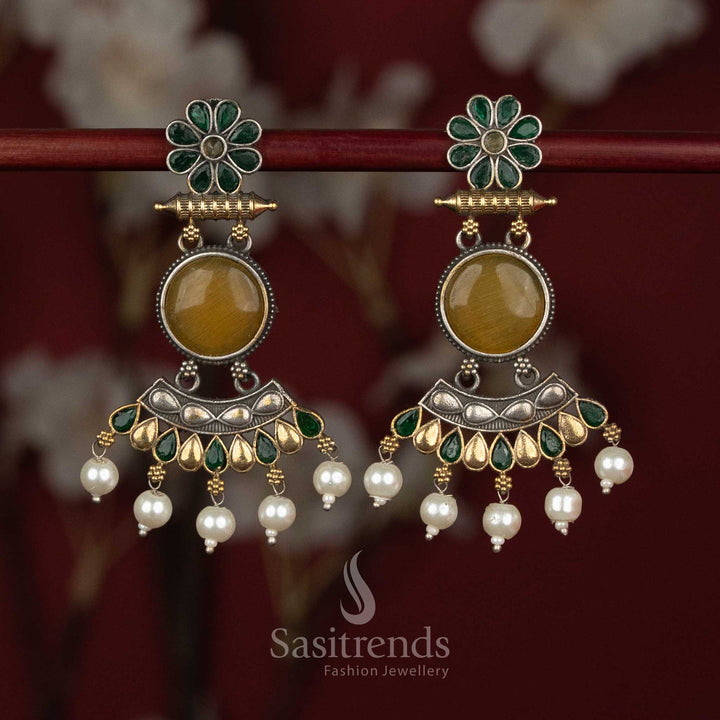 Antique dual tone 92.5 silver oxidised crescent arch earrings with teardrop Monalisa stones