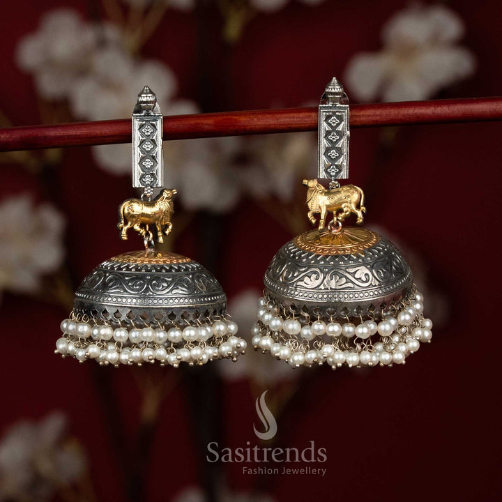 Antique Dual Tone 92.5 Silver Plated Oxidised Nandi Big Jhumka Earrings – Ethnic Styling