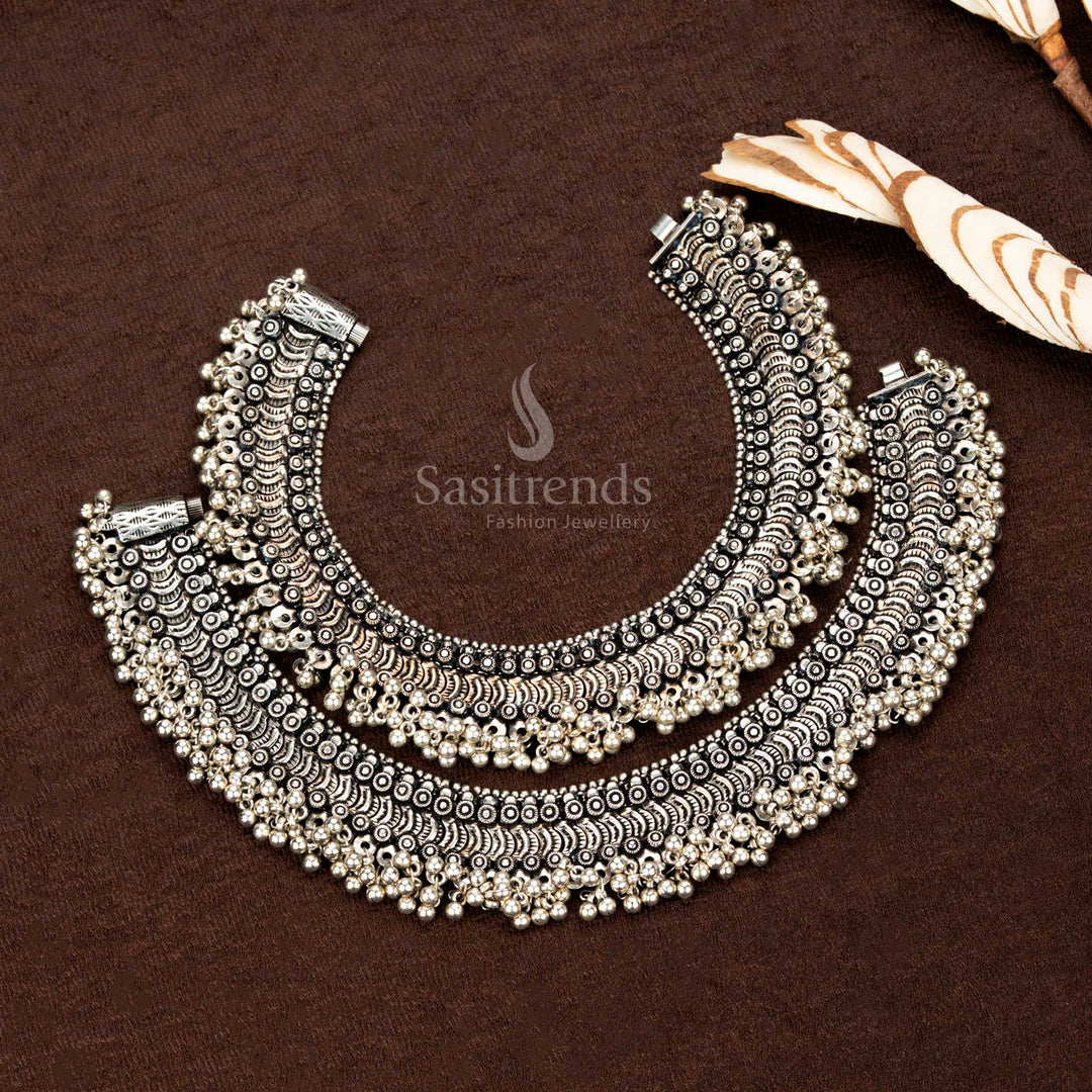 Elegant Oxidised German Silver Anklet with engraved motifs and ball hangings – Sasitrends