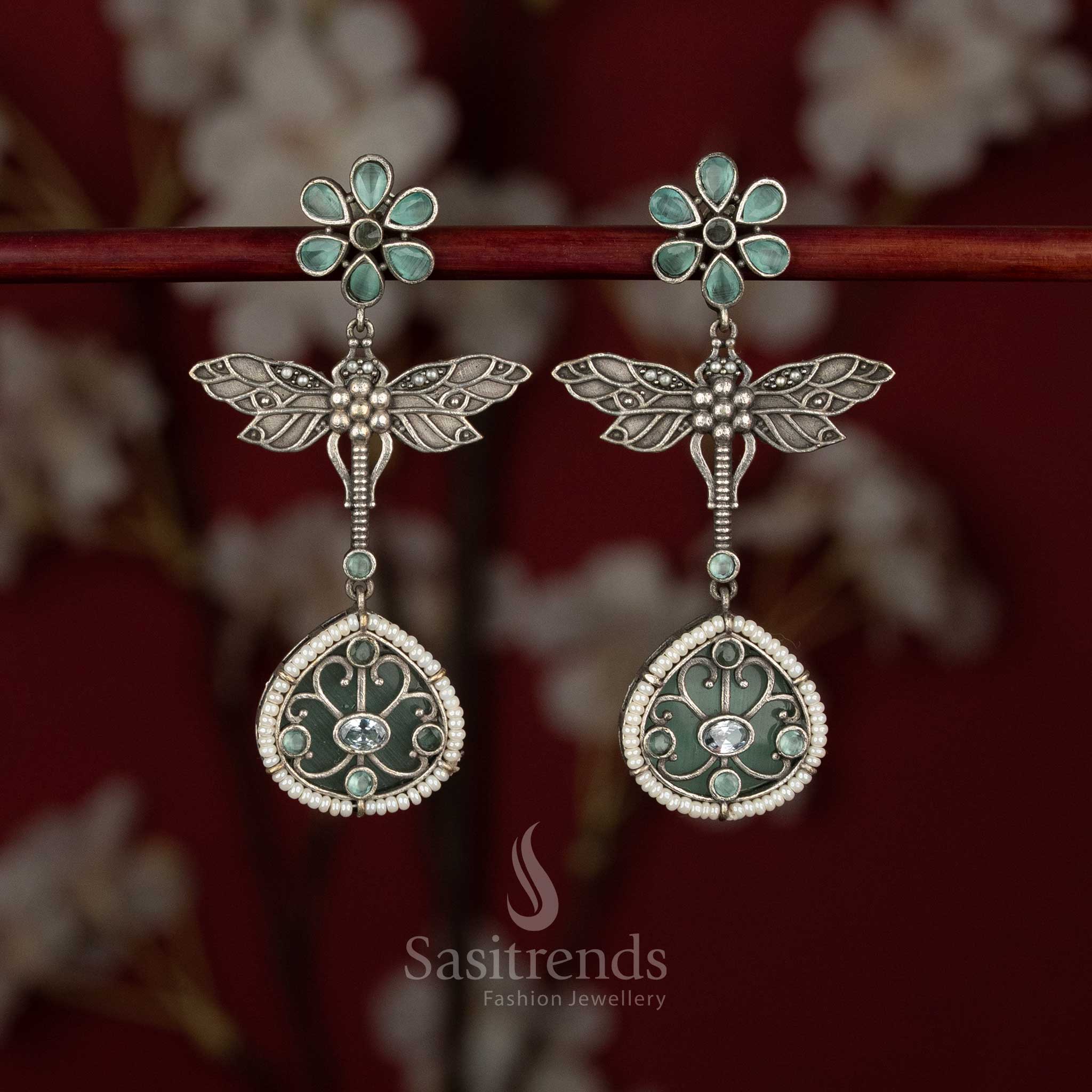 Antique oxidised floral dragonfly wings teardrop earrings with pearl accents – Sasitrends