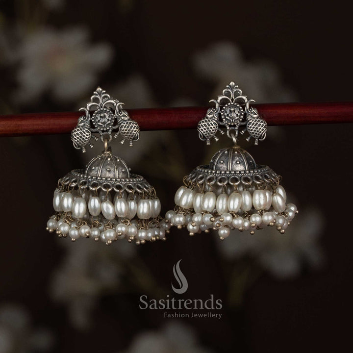 Attractive Antique Oxidised 92.5 Silver Plated Dual Elephant Dome Vinayagar Stud Jhumka Earrings for Grand Ethnic Occasions