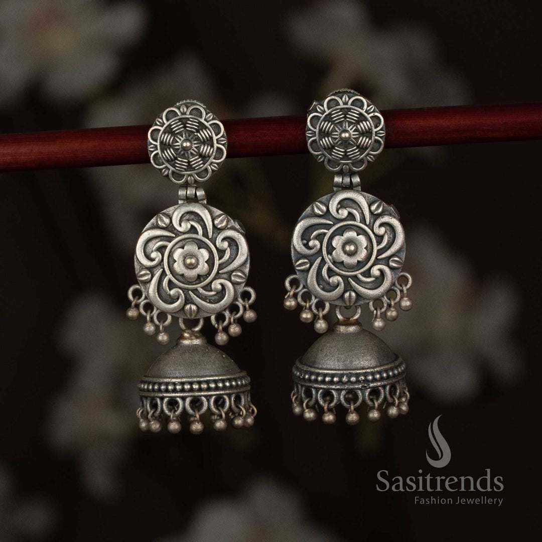 Antique oxidised 92.5 silver plated floral stud jhumka earrings with engraved scrollwork disc - Sasitrends