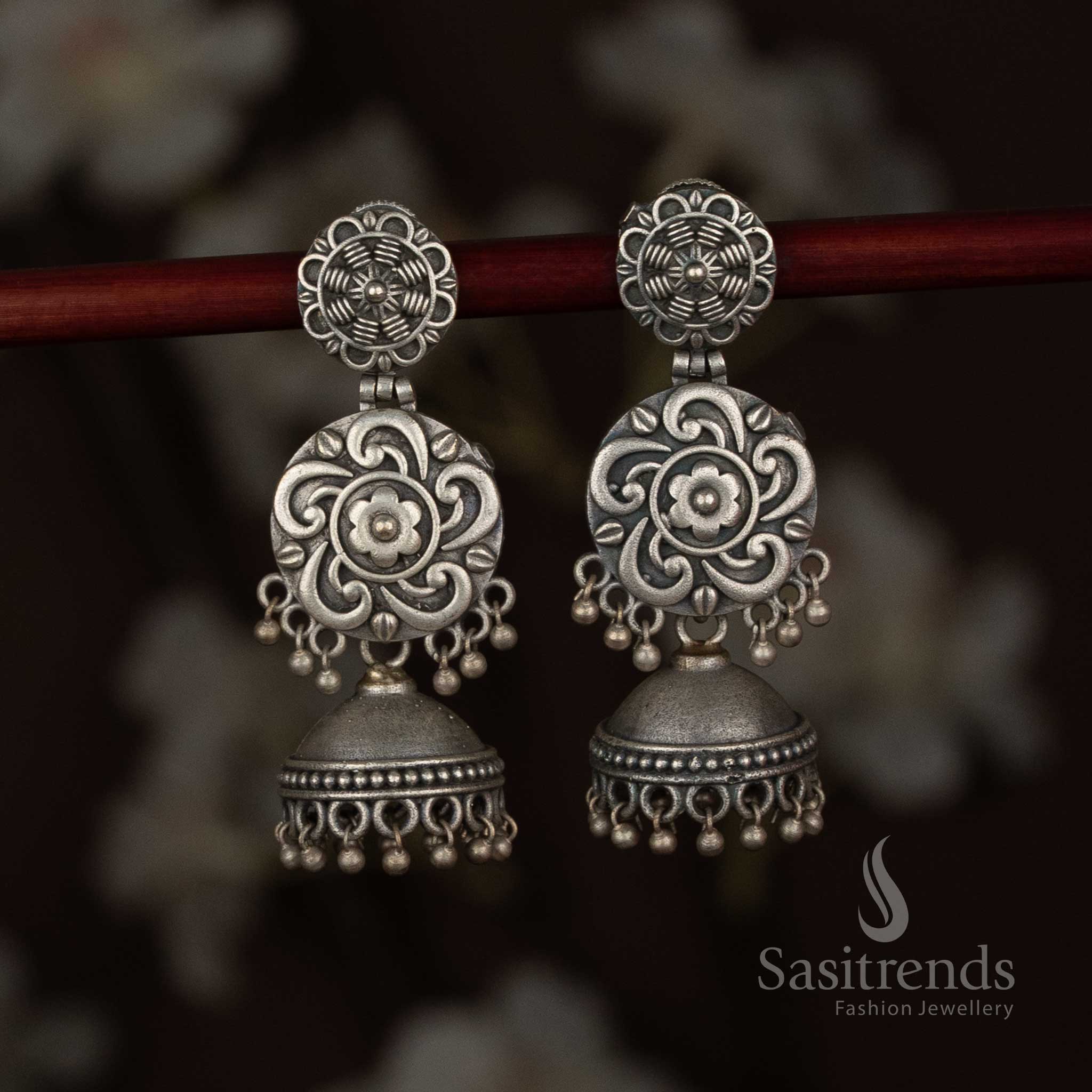 Antique oxidised 92.5 silver plated floral stud jhumka earrings with engraved scrollwork disc - Sasitrends