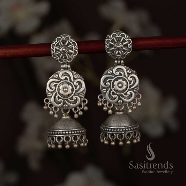 Antique oxidised 92.5 silver plated floral stud jhumka earrings with engraved scrollwork disc - Sasitrends