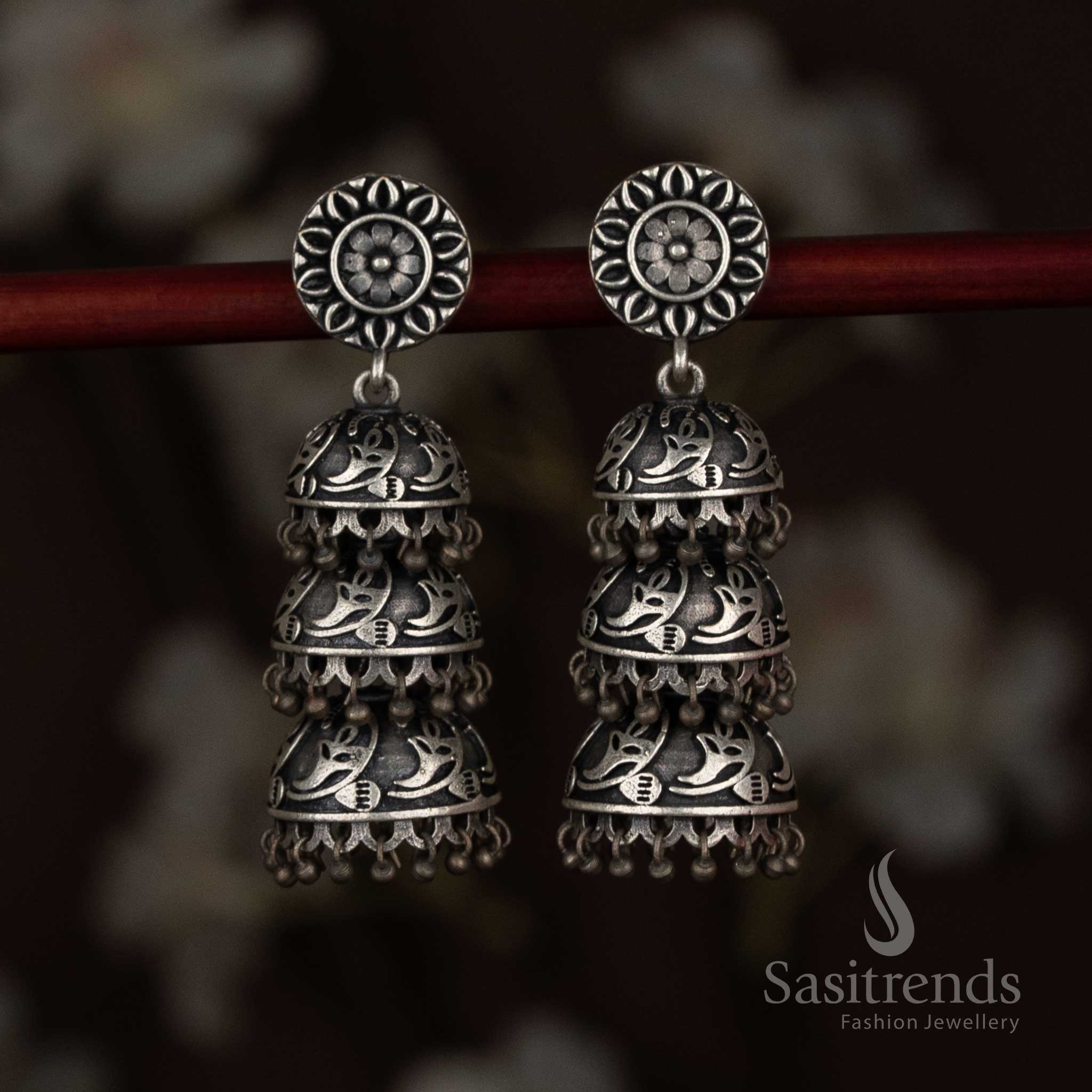 Celestique aura antique oxidised 92.5 silver plated floral coin stud paisley triple-tiered jhumka earrings - Sasitrends