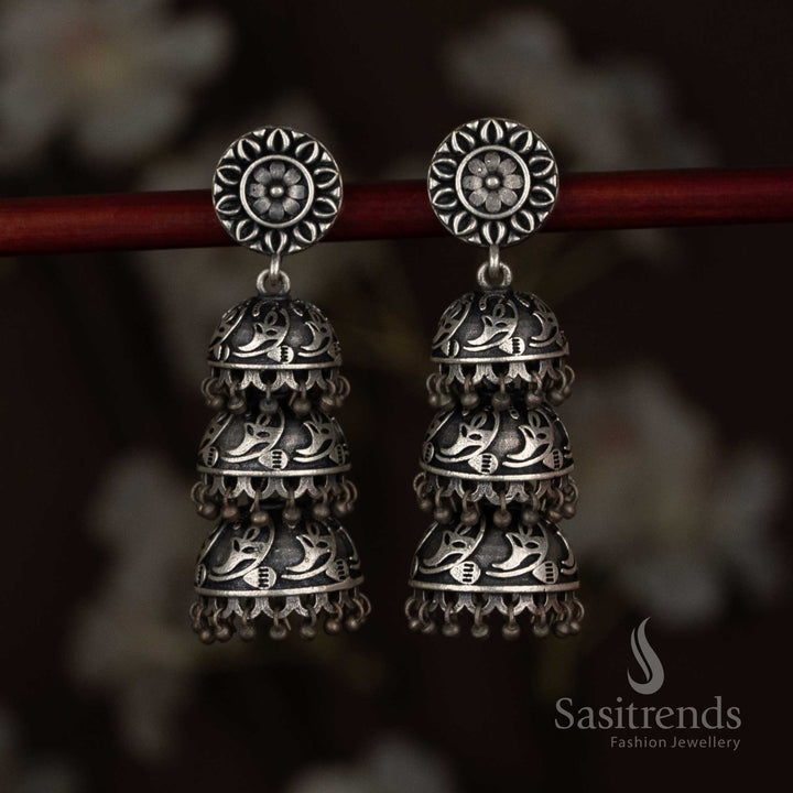 Amazing Antique Oxidised 92.5 Silver Plated Floral Coin Stud Paisley Crest Triple-Tiered Jhumka Earrings for Festive Gatherings & Culturals