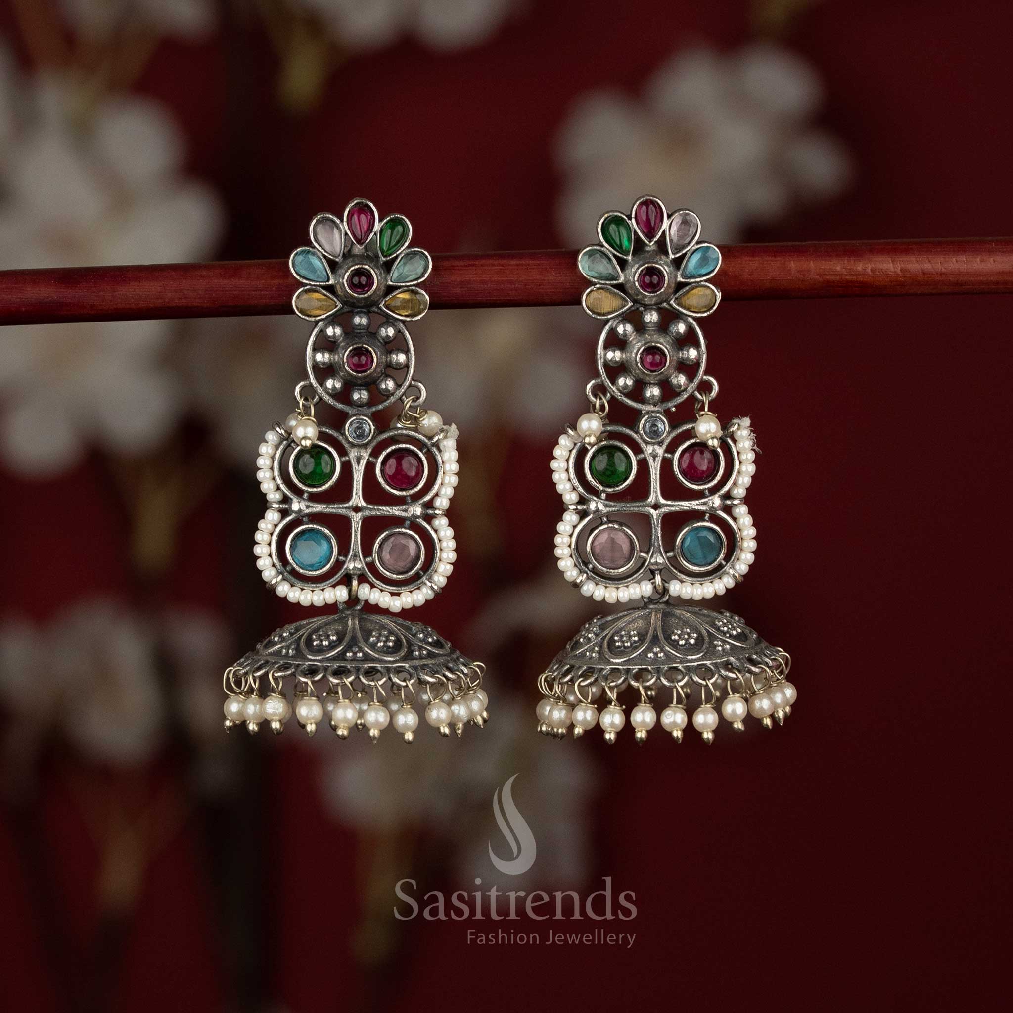 Antique oxidised floral and geometric fusion stone jhumka earrings with pearl bells – Sasitrends