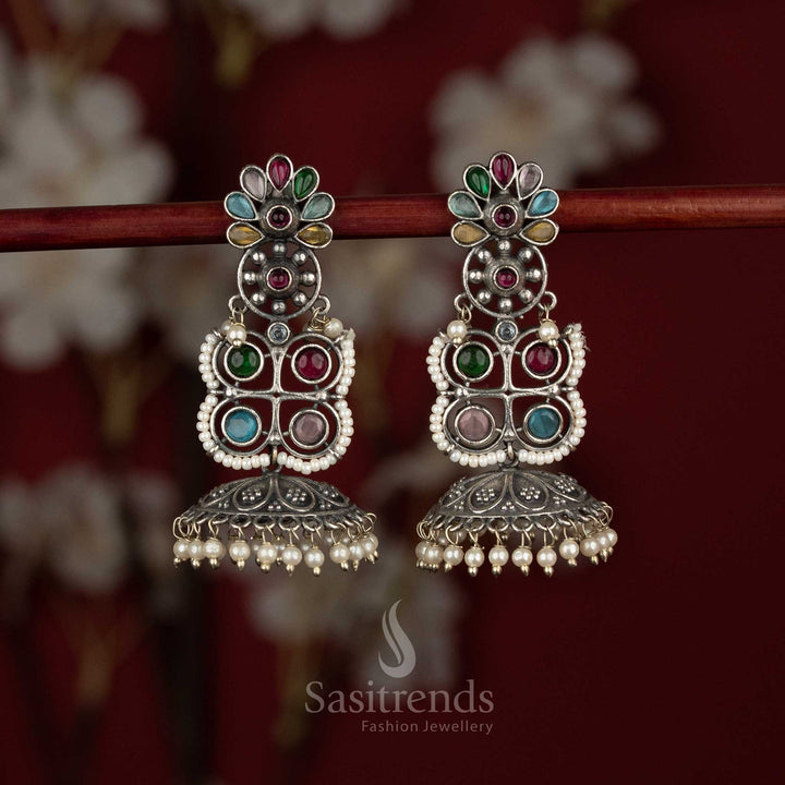 Antique Oxidised Floral & Geometric Fusion Stone and Pearl Bell Jhumka Earrings for Ethnic Sarees, Kurti Sets