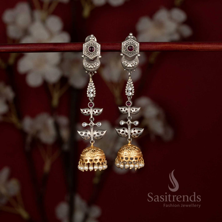 Dual-tone hexagon oxidised jhumkas with pearl drops for brunches, hangouts, and casual meetups - Sasitrends