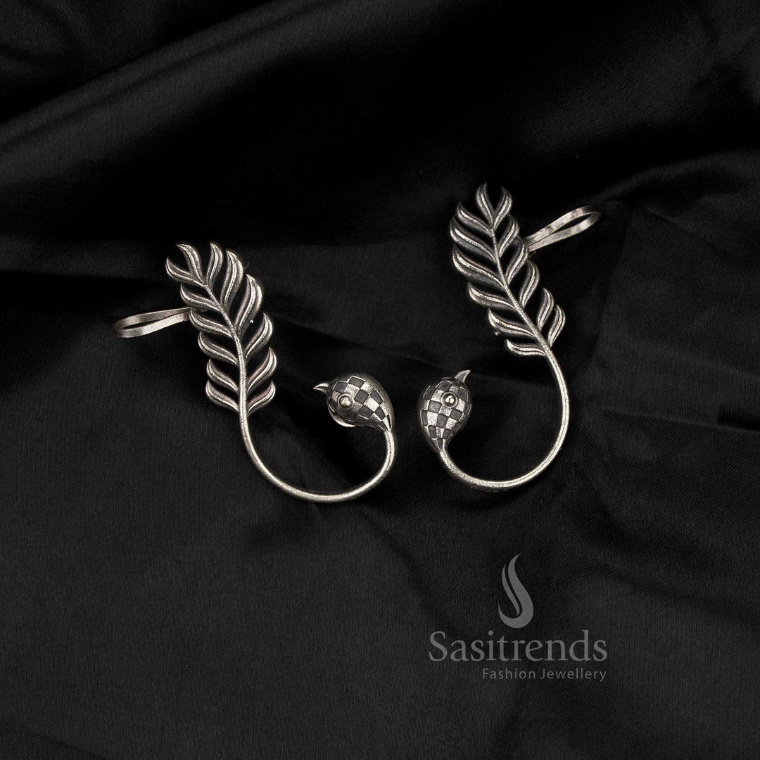 Antique oxidised peacock feather ear cuff earrings for office and everyday wear – Sasitrends