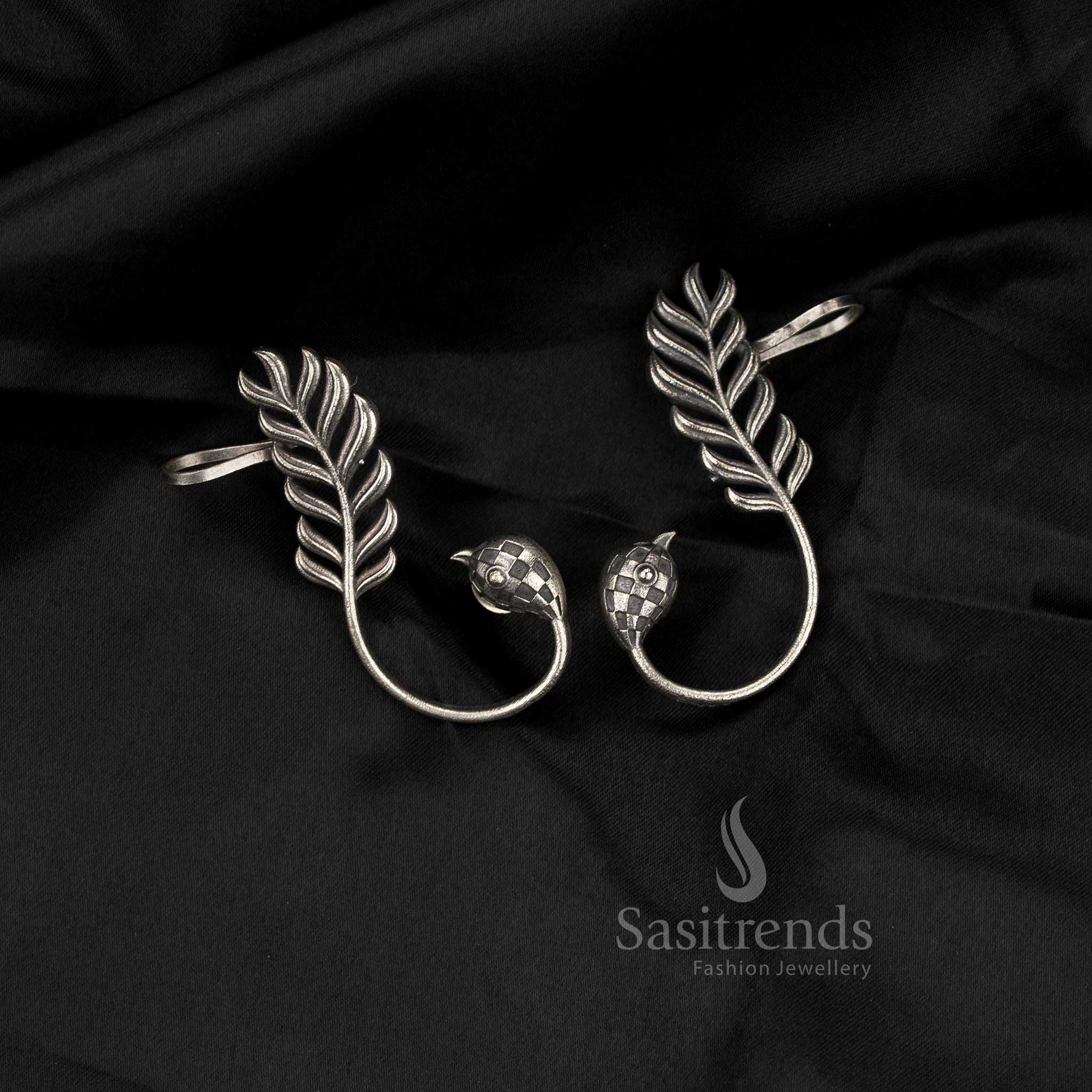 Antique oxidised peacock feather ear cuff earrings for office and everyday wear – Sasitrends