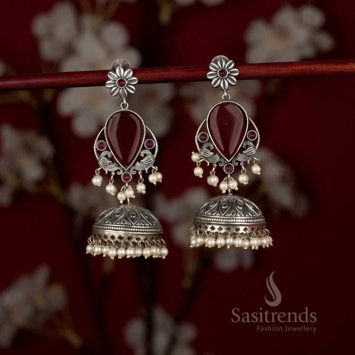 Graceful Antique 92.5 Silver Plated Oxidised Peacock Floral Teardrop Jhumka Earrings with Pearls for Office Wear