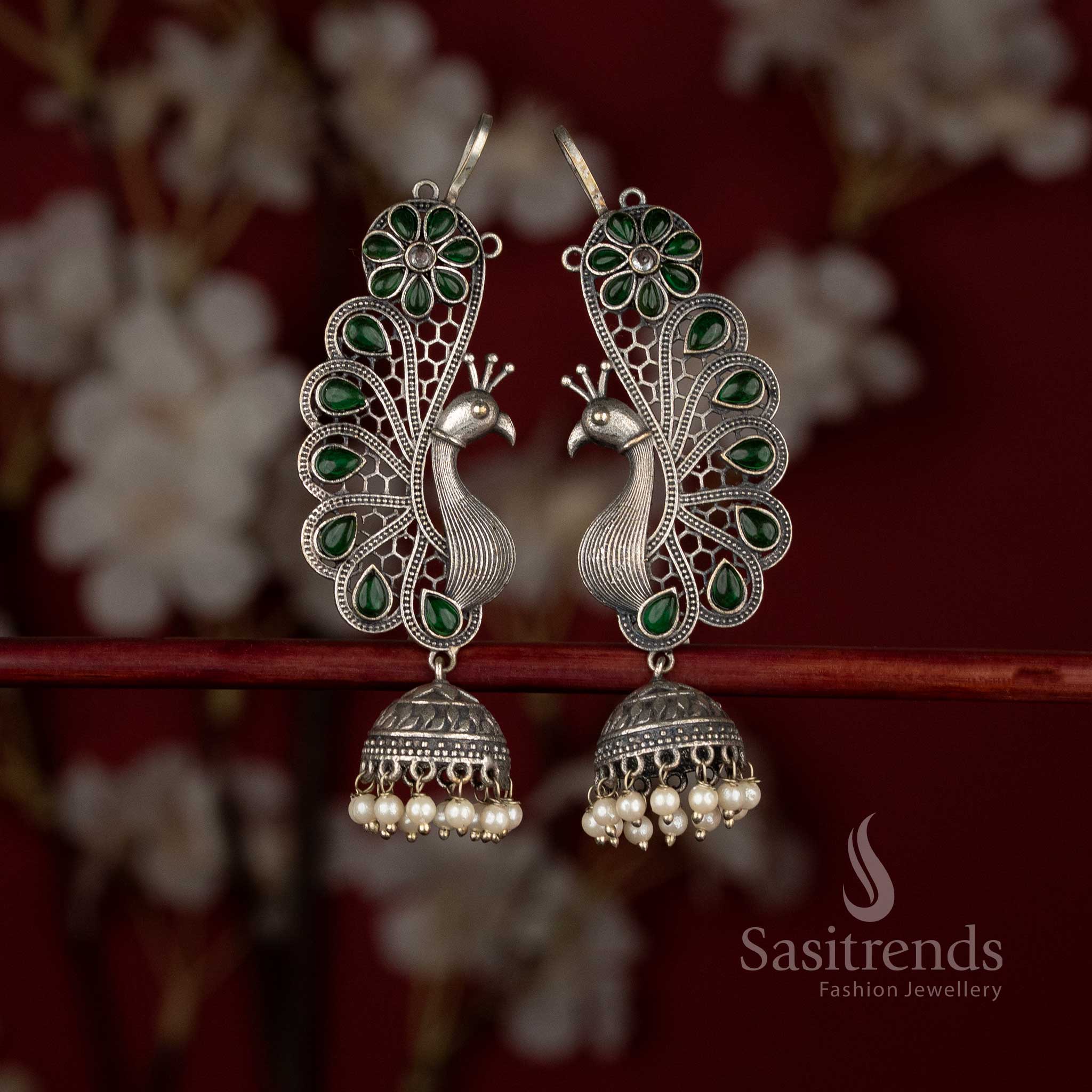 Antique oxidised 92.5 silver peacock floral teardrop stone jhumka earrings with pearls – Sasitrends