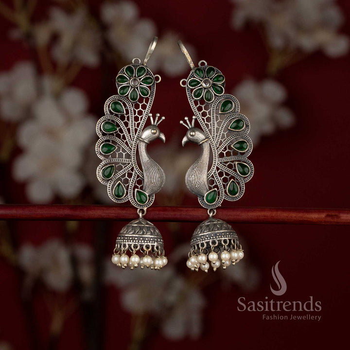 Antique oxidised 92.5 silver peacock floral teardrop stone jhumka earrings with pearls – Sasitrends