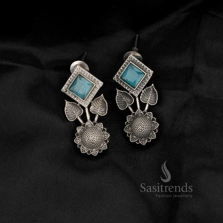 Antique oxidised stone square & floral earrings for office and professional wear – Sasitrends
