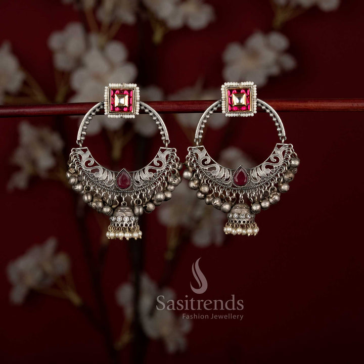 Antique oxidised square hoop chandbalis earrings with delicate pearl accents for modern ethnic outfits - Sasitrends