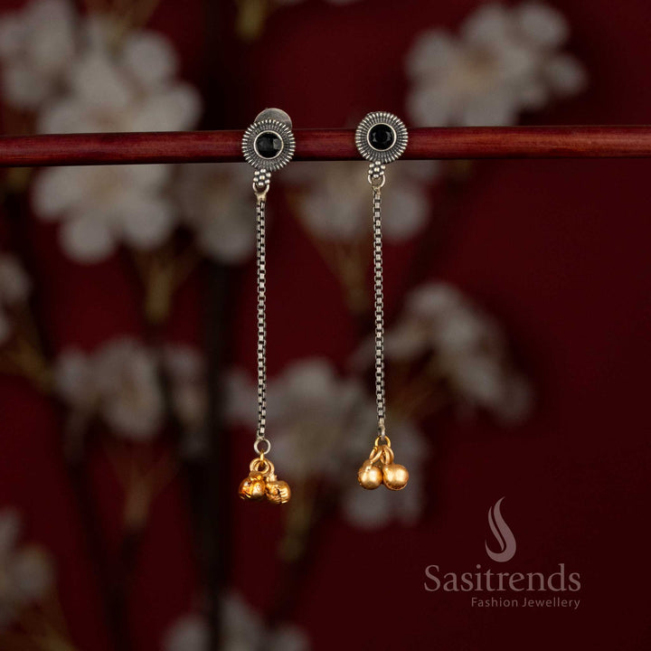 Exquisite antique oxidised sunburst stone linear chain dangler earrings with golden beads – Sasitrends