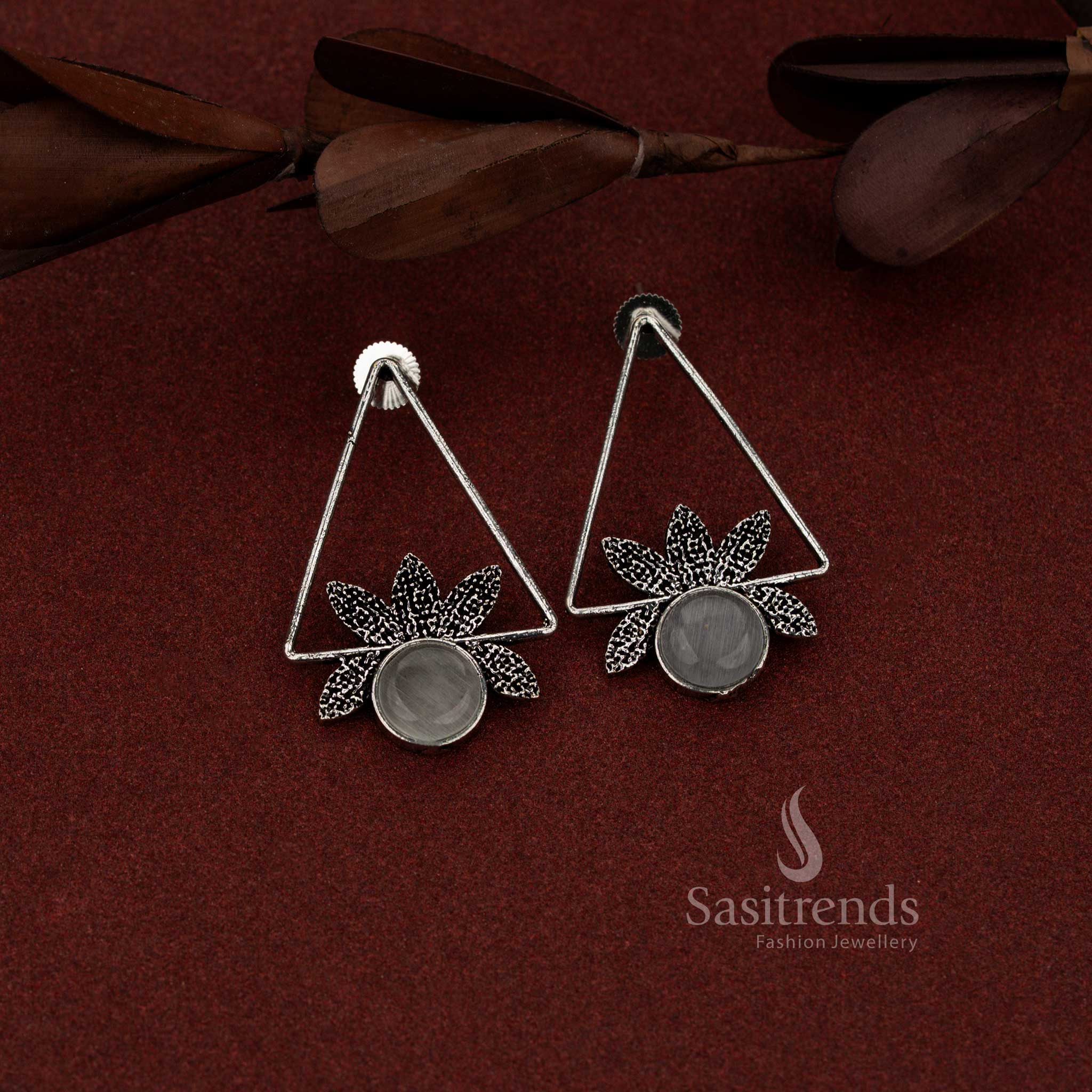 Antique oxidised earrings featuring an isosceles triangle structure with grey round stone accents