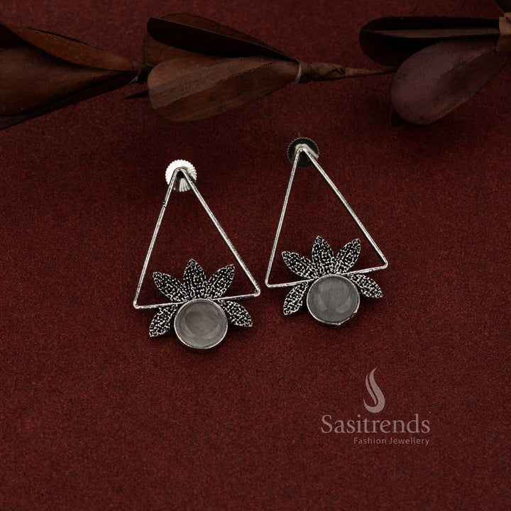 Antique oxidised earrings featuring an isosceles triangle structure with grey round stone accents