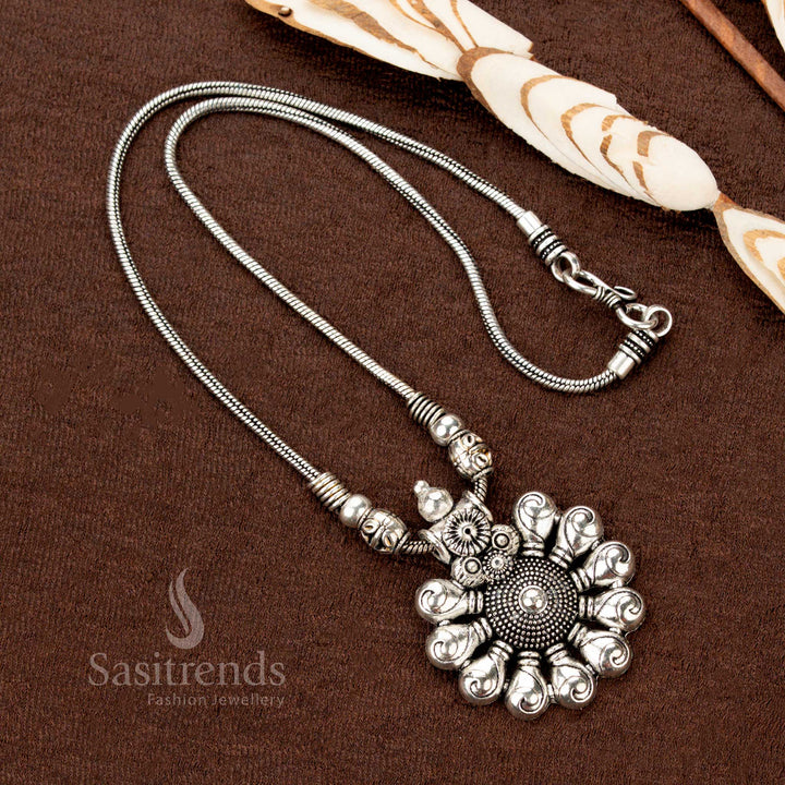 Oxidised Silver Chain Pendant Necklace with Unique Spiral Floral Motif and Beaded Details – Traditional and Navaratri Special Jewellery - Sasitrends