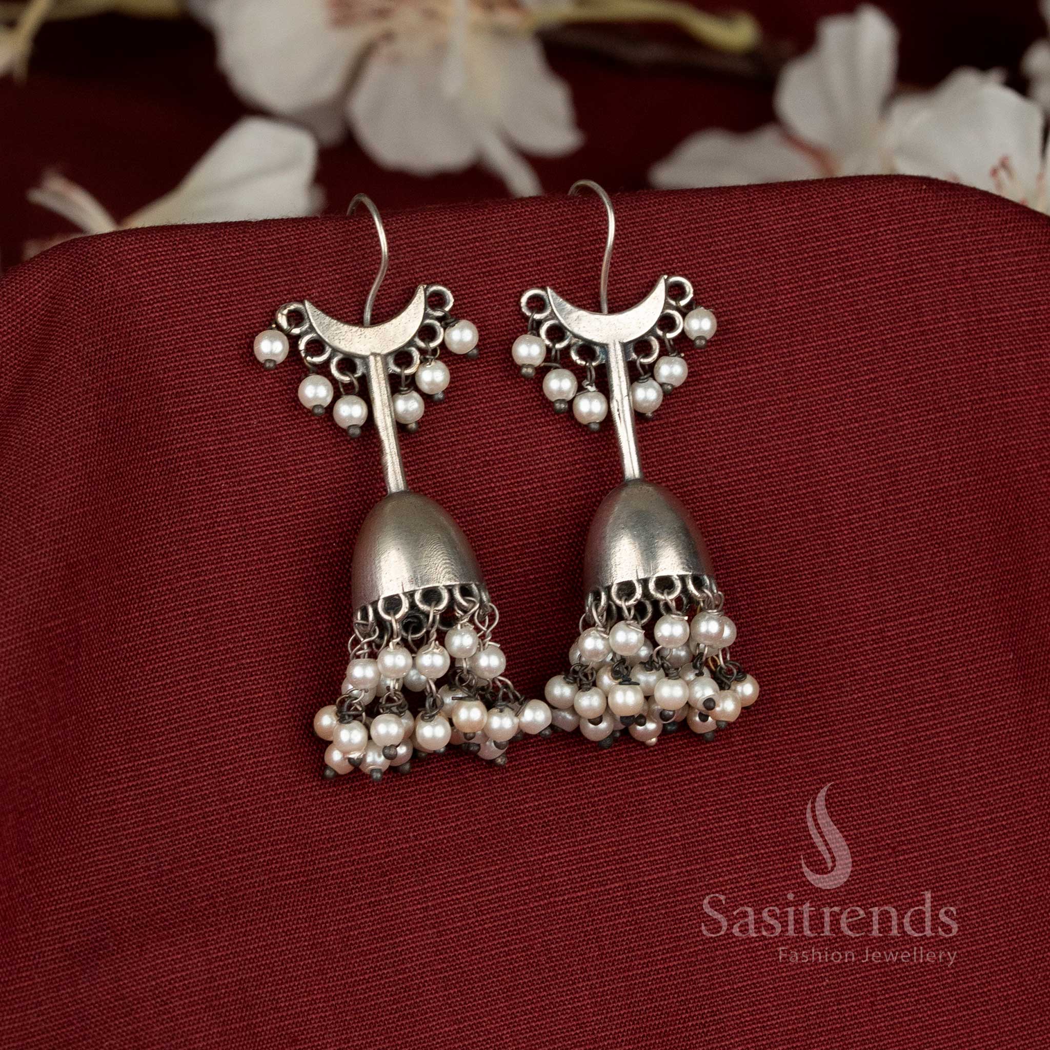Unique Oxidised Crescent Moon Jhumka Earrings with Pearl Detailing Hook Type for Ethnic and Casual Looks – sasitrends