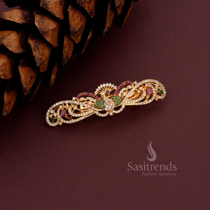 Attractive American Diamond gold plated peacock design hair clip adorned with sparkling white ruby stones from Sasitrends.