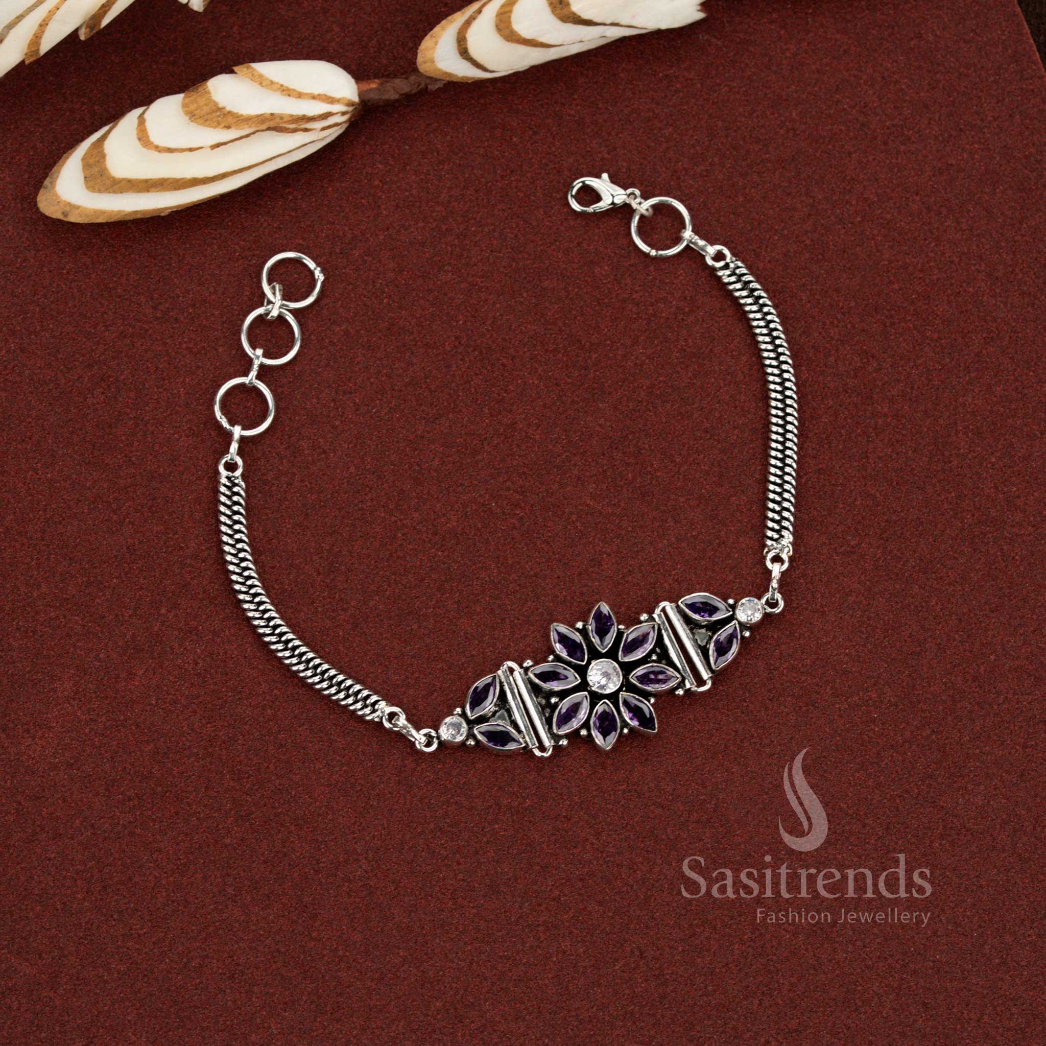 Stunning office wear oxidised purple stone floral bracelet - sasitrends