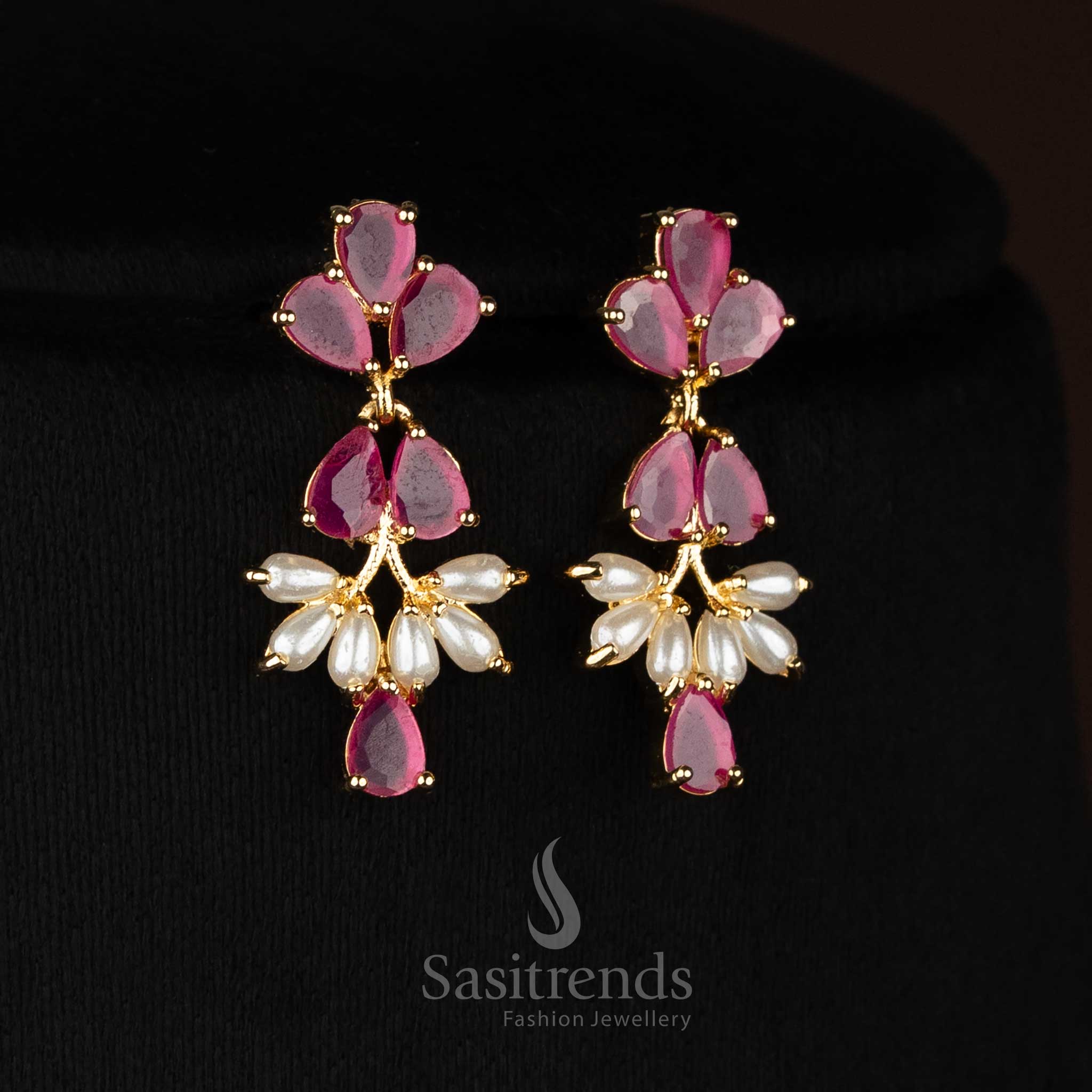 wedding bridal 24k micro gold plated american diamond pearl floral link ruby necklace set by Sasitrends