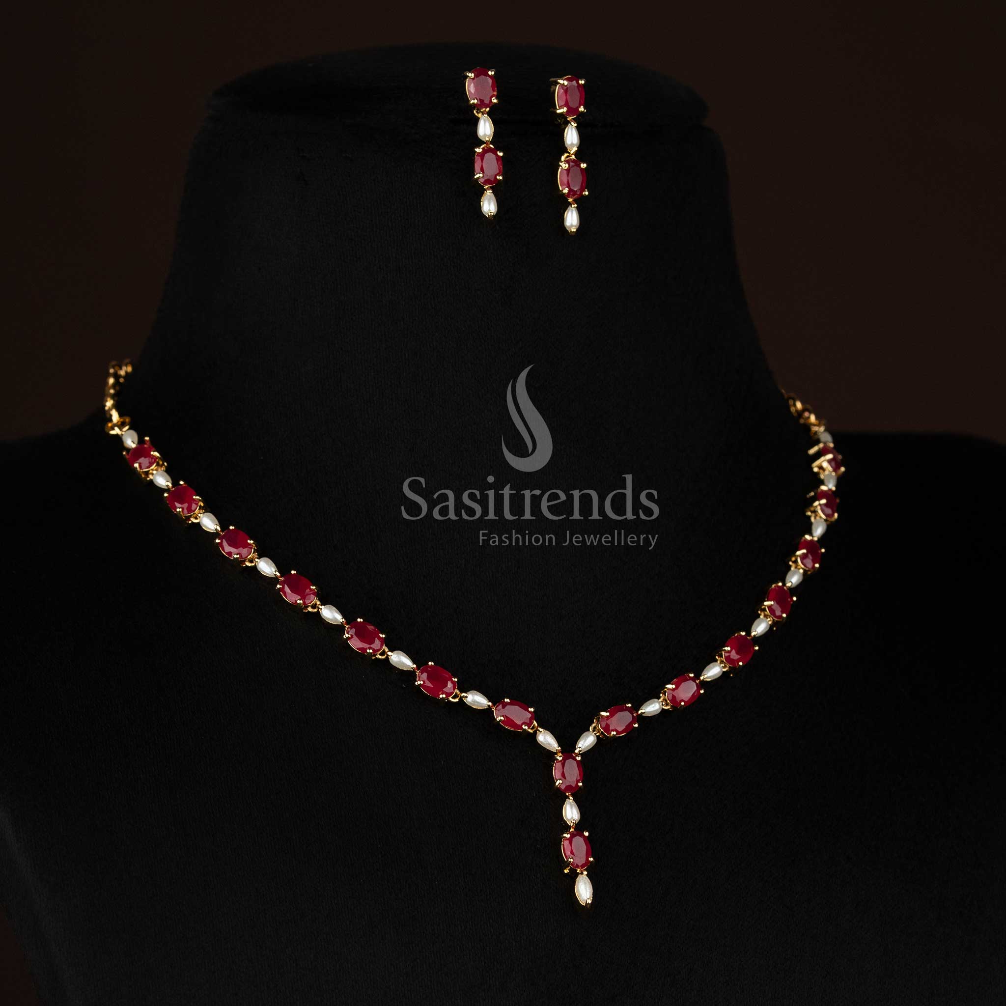 Traditional one gram micro gold plated oval american diamond pearl ruby necklace set by Sasitrends