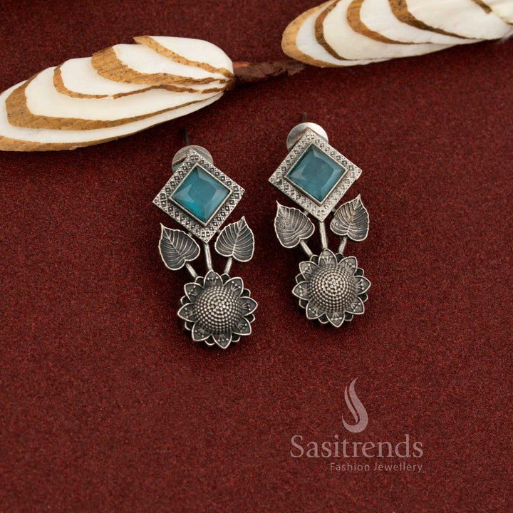 Azure grace antique oxidised stone square and floral sky-blue earrings with calm professional charm ideal for office wear and refined daily styling – Sasitrends