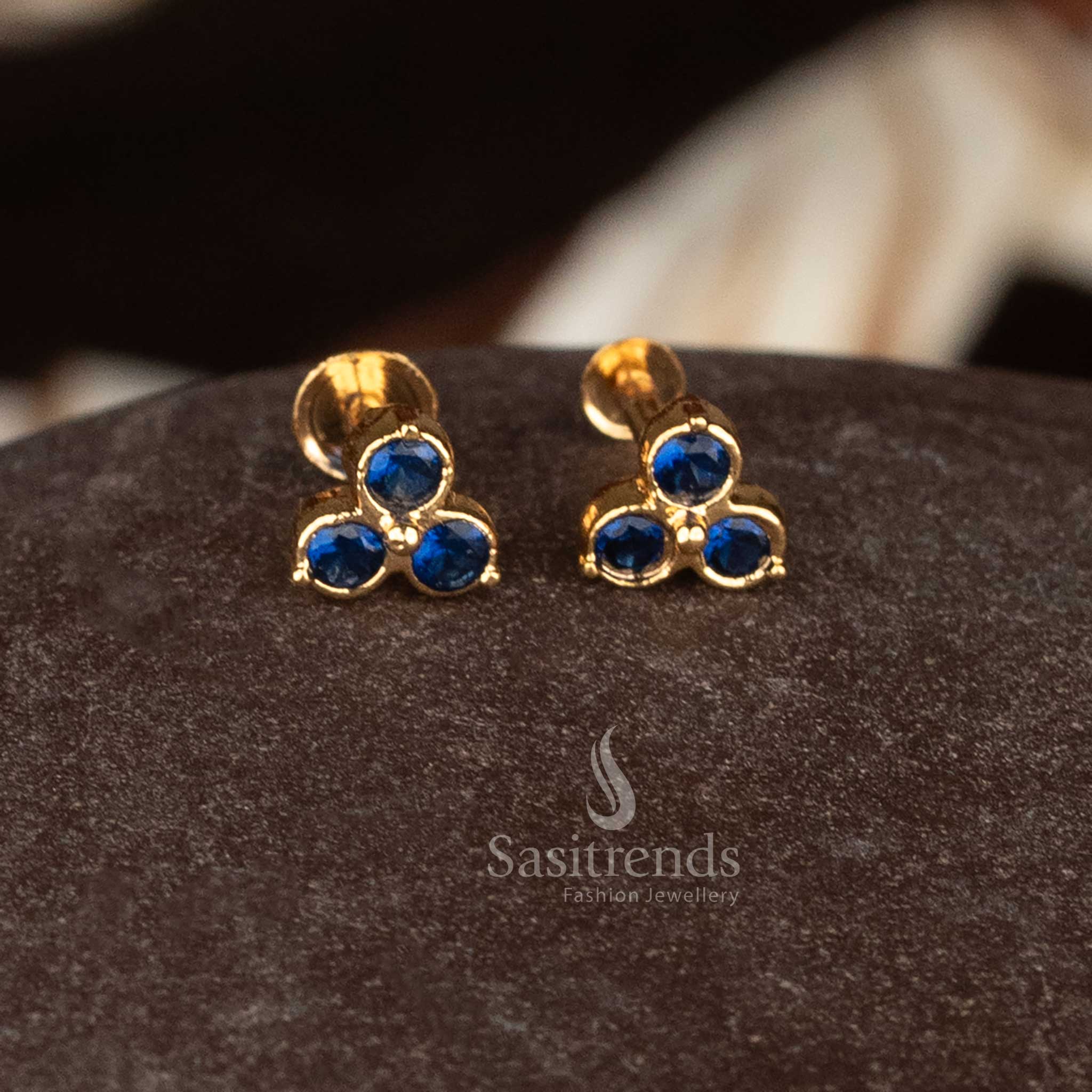 Attractive Impon Addigai Micro Gold Plated Round blue AD 3-Stone Triangle Cut Stud Earrings for Festive & Ethnic Wear - Sasitrends