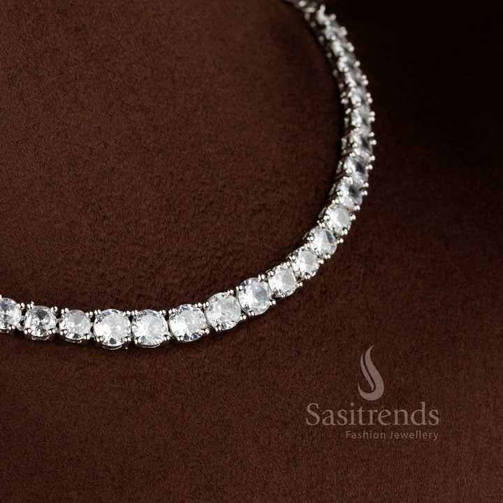 Radiant rhodium silver plated white American Diamond round stone elegance necklace for parties, events and polished modern outfits – Sasitrends