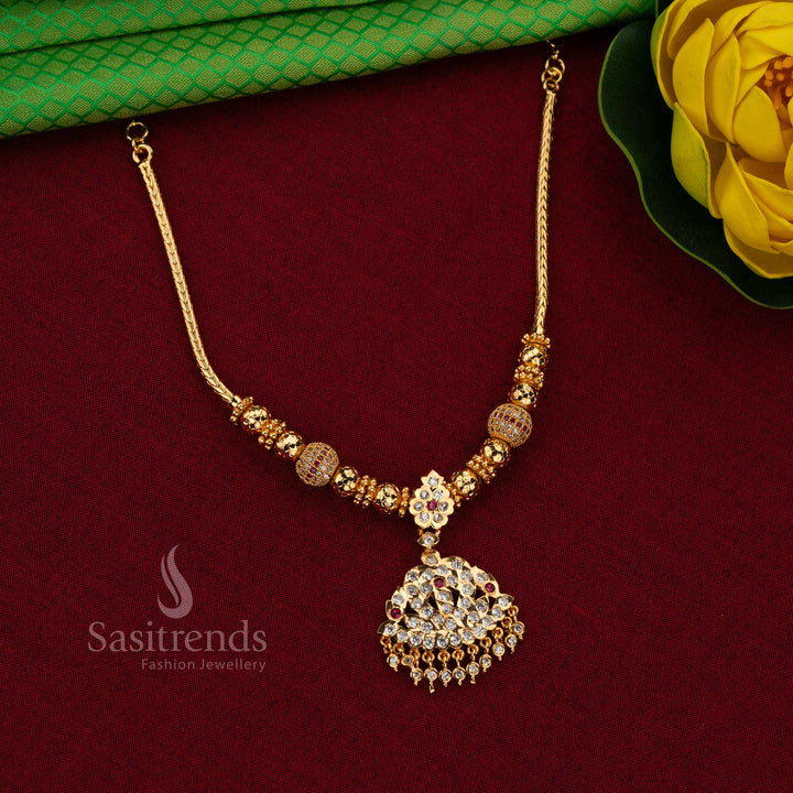 Festive elegance impon attigai micro gold plated AD stone golden ball chain necklace white ruby with guaranteed 24 carat gold look for traditional celebrations and weddings – Sasitrends
