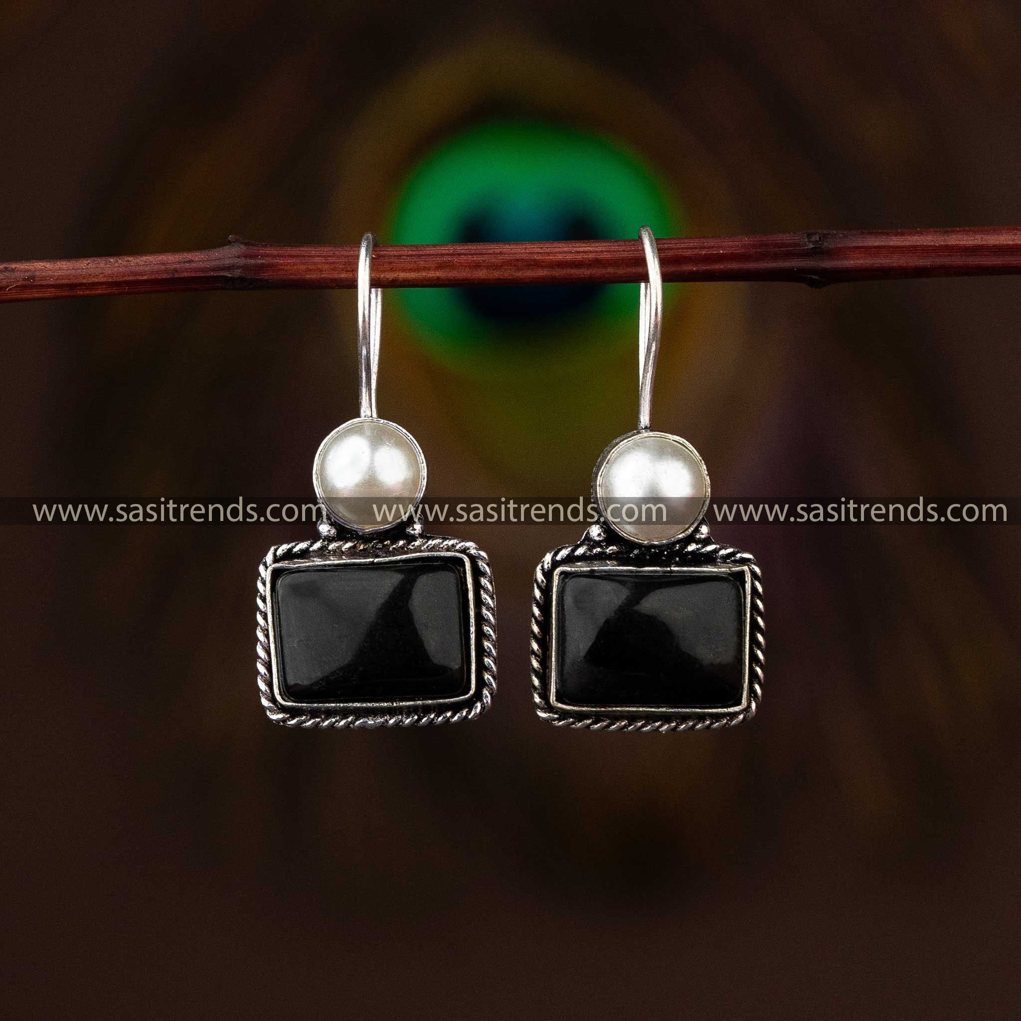 Sophisticated Black Stone Oxidised Jewellery Earrings 
