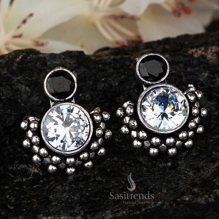 Black White Gemstone Studded Trendy Oxidised Office Wear Elegance Earrings Sasitrends Online Shopping