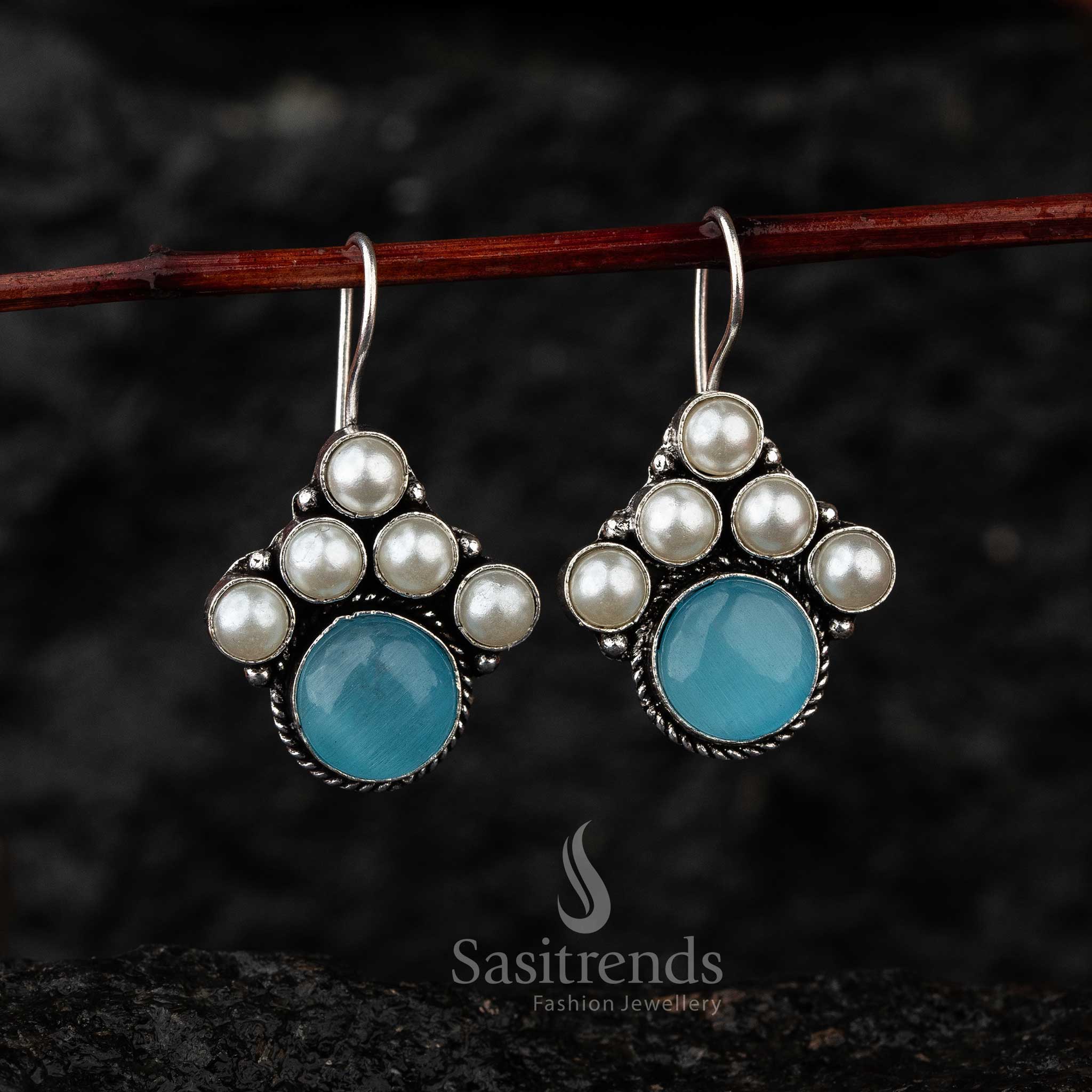Blue Monalisa Stone Oxidised Earrings for Trendy Navarathiri Outfits
