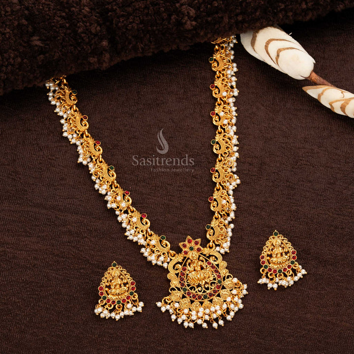 Exquisite Classic Temple Matte Gold Plated Long Haram Necklace Jewellery Set with Lakshmi Pendant and Jhumka Earrings - Sasitrends