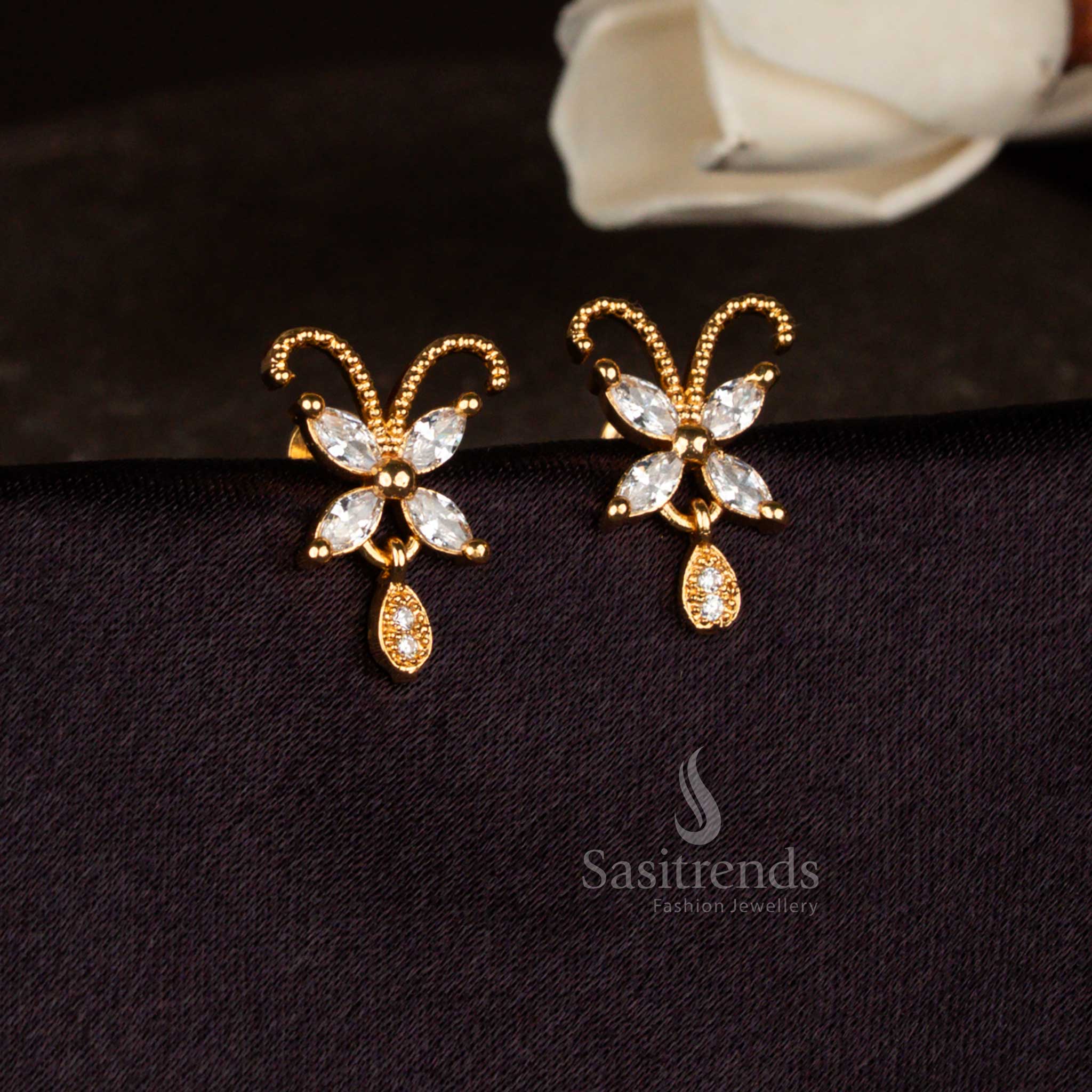 Pure grace white American diamond micro gold plated butterfly dangle stud earrings perfect for celebrations, cultural gatherings, and elegant ethnic styling – Sasitrends