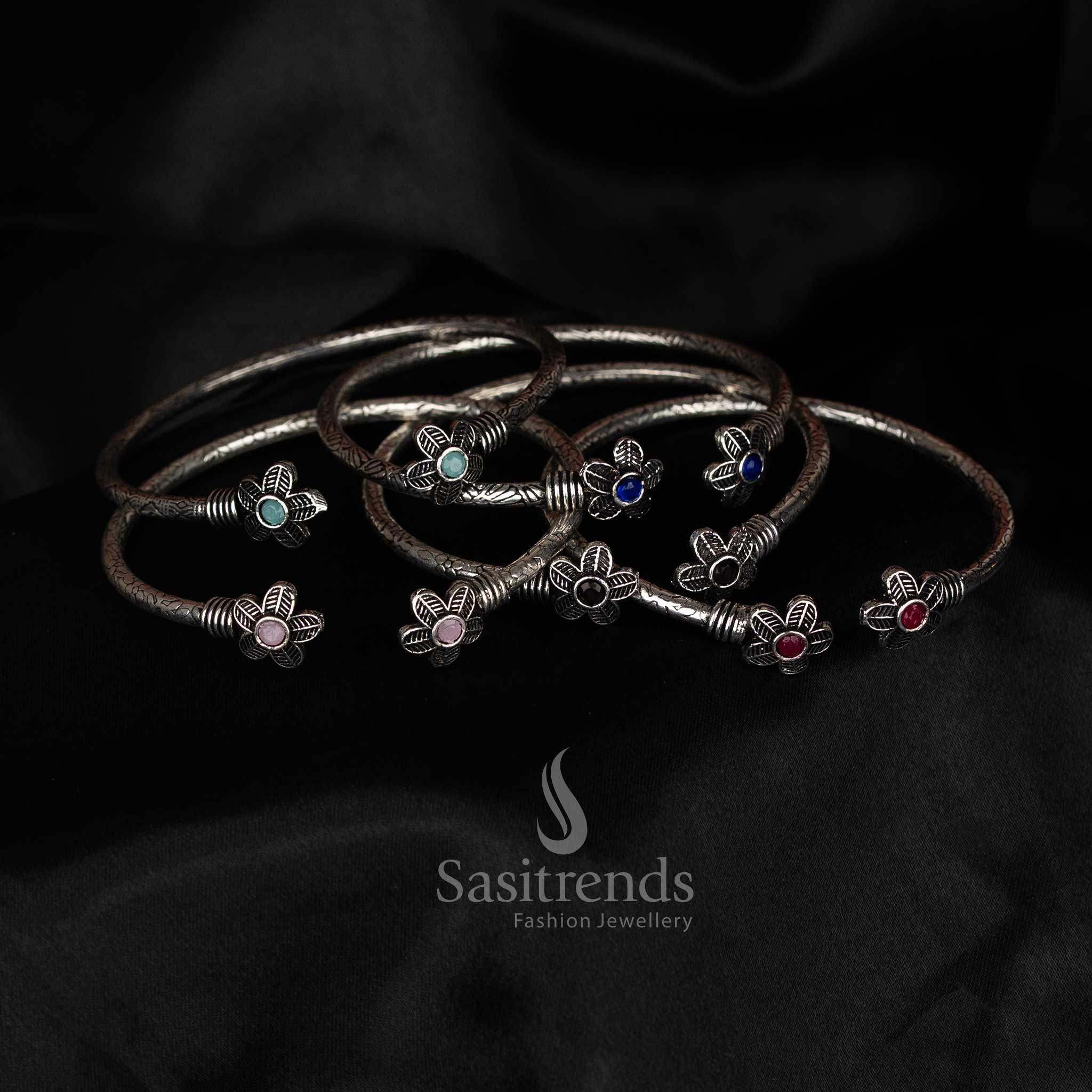 Sasitrends oxidised bracelet featuring floral artwork and black, mint, red, pink, blue stone charm, Navaratri special