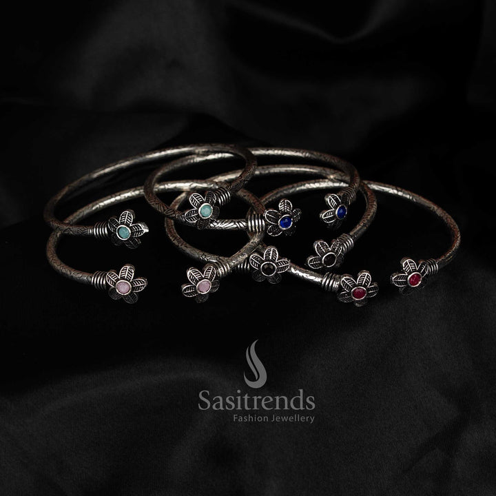 Sasitrends oxidised bracelet featuring floral artwork and black, mint, red, pink, blue stone charm, Navaratri special