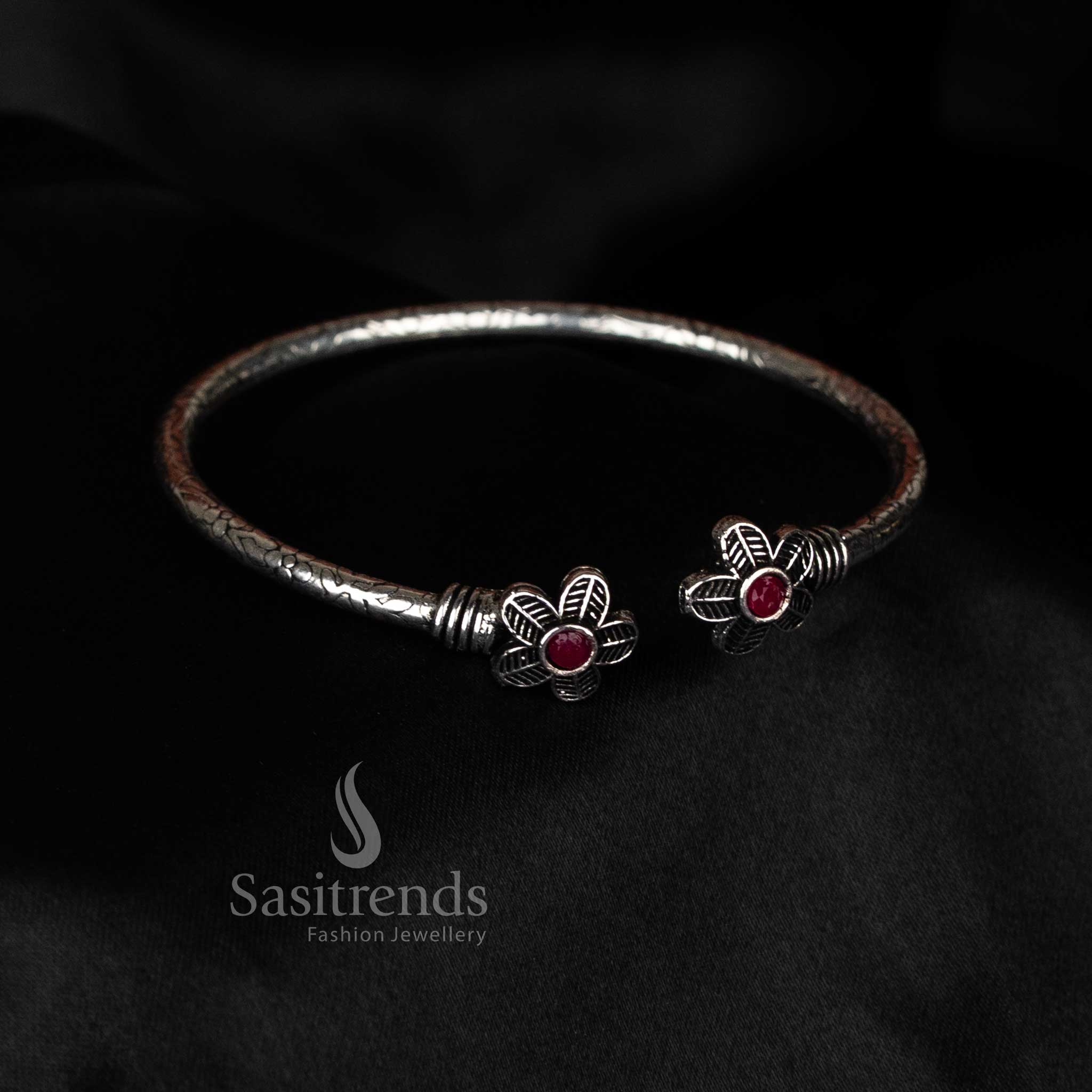 Sasitrends oxidised boho floral bracelet with red stone accent, casual fusion jewellery
