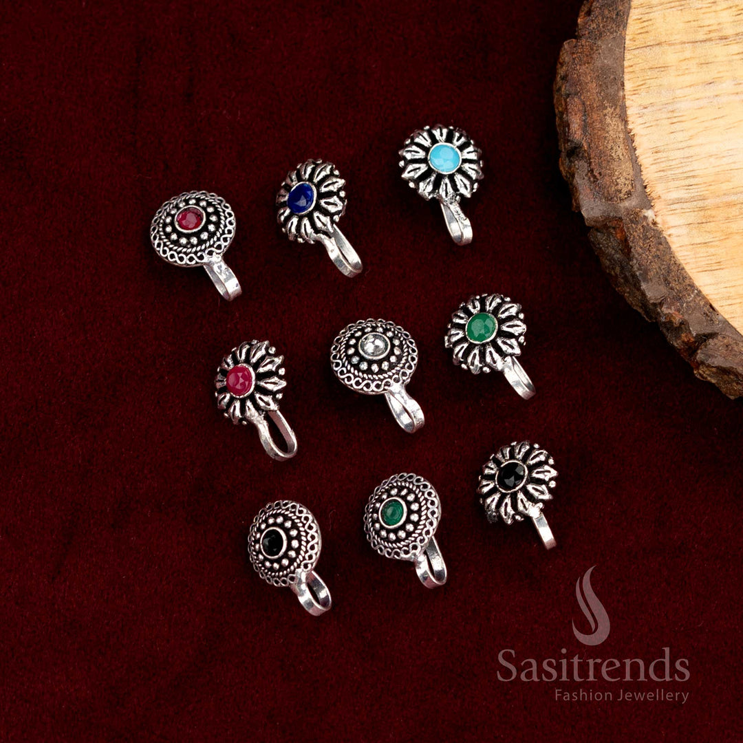 Elegant traditional oxidised silver nose pins combo set featuring intricate ethnic motifs and delicate floral designs – perfect for daily wear and festive looks – Sasitrends