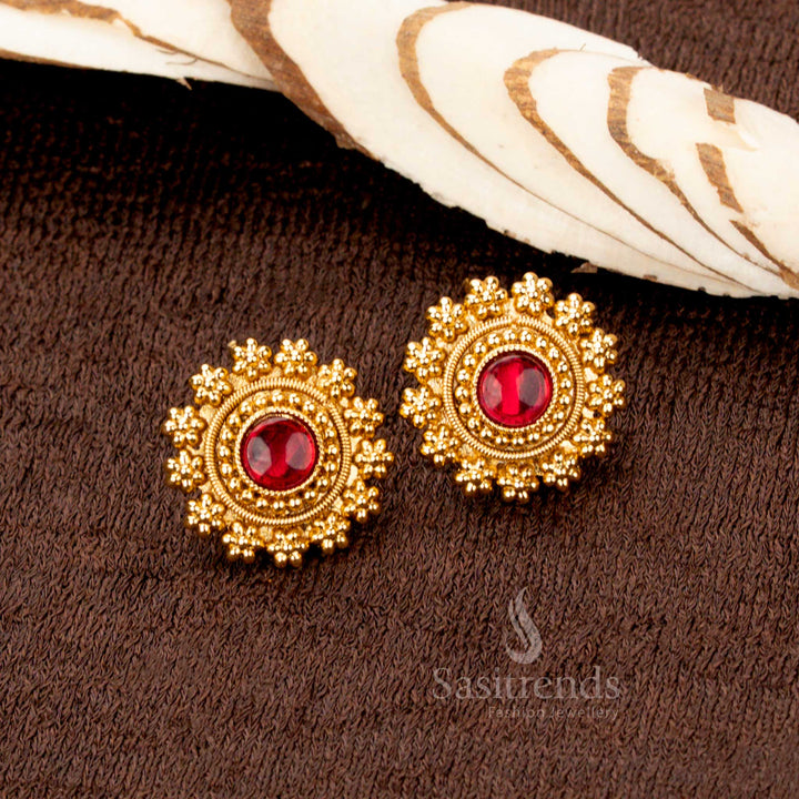 Antique gold plated traditional earrings set with ruby AD stones, bold bead rows, and circular motif accents, a perfect match for saree and festive occasions - Sasitrends